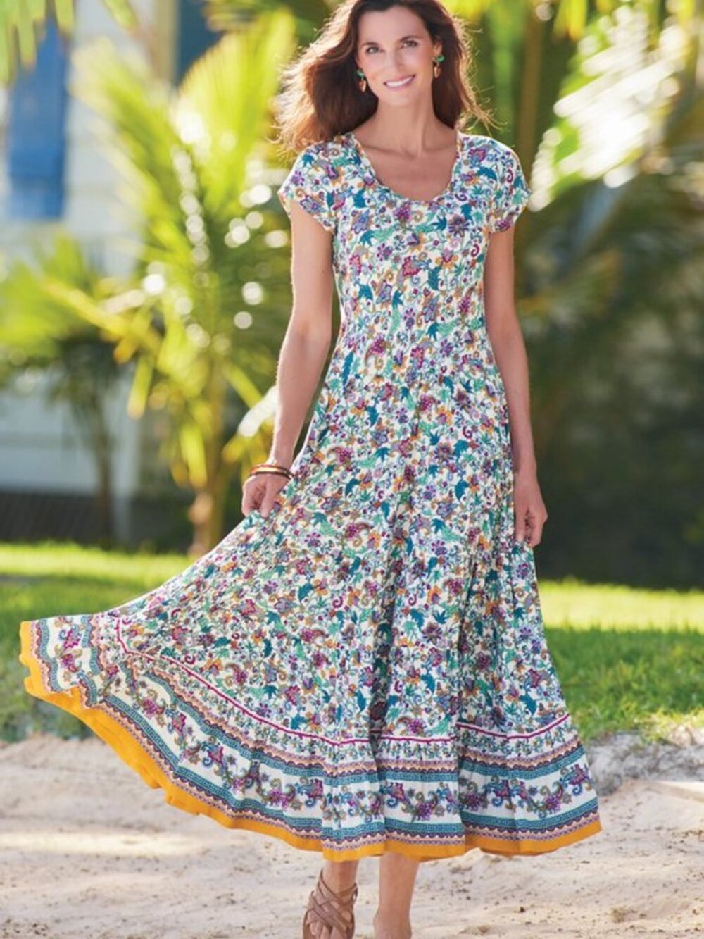 Soft Surroundings Kara Floral Tiered Maxi Boho Dress Short Sleeve Size M